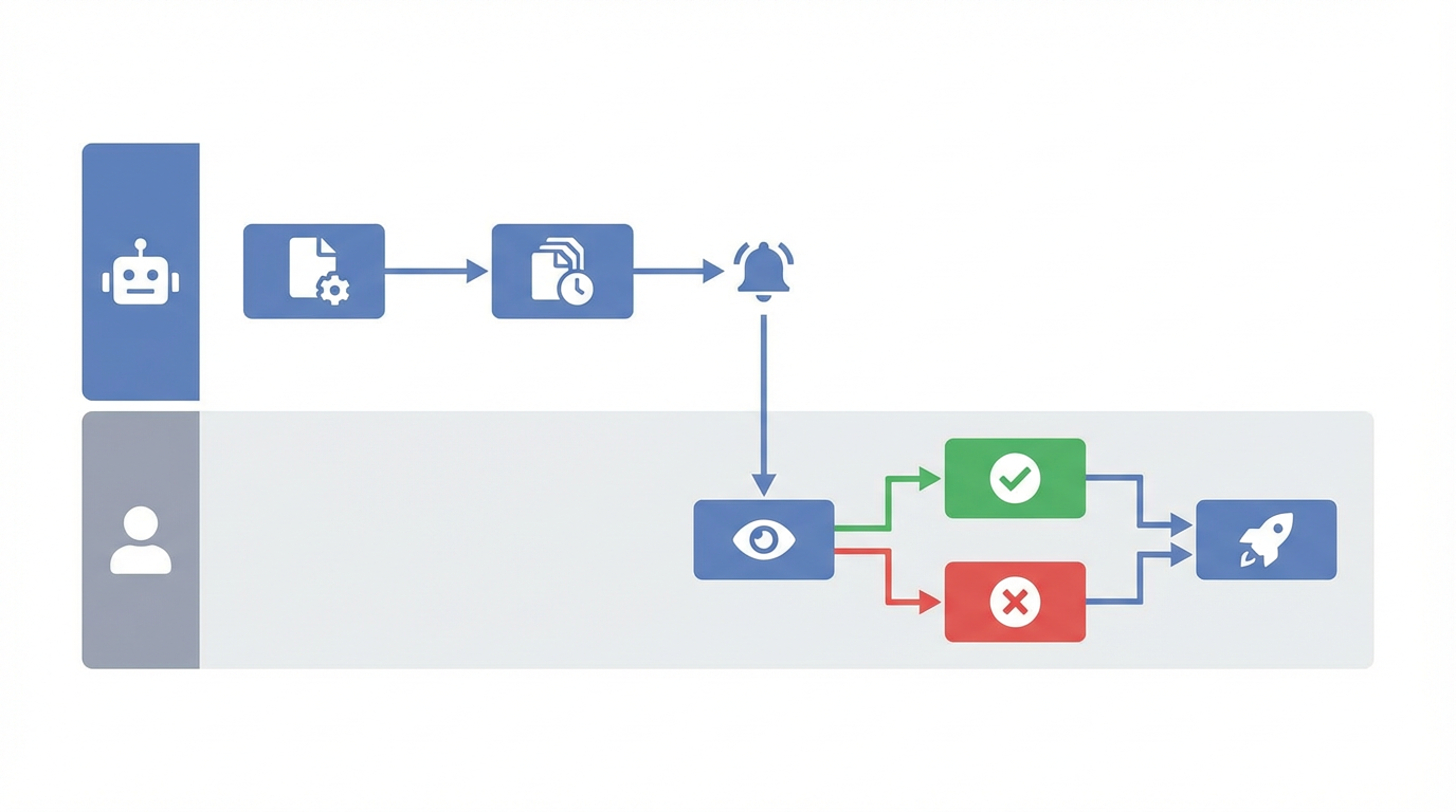 承認フローの図解 — ユーザー指示→AI下書き生成→人間承認→実行の4ステップ